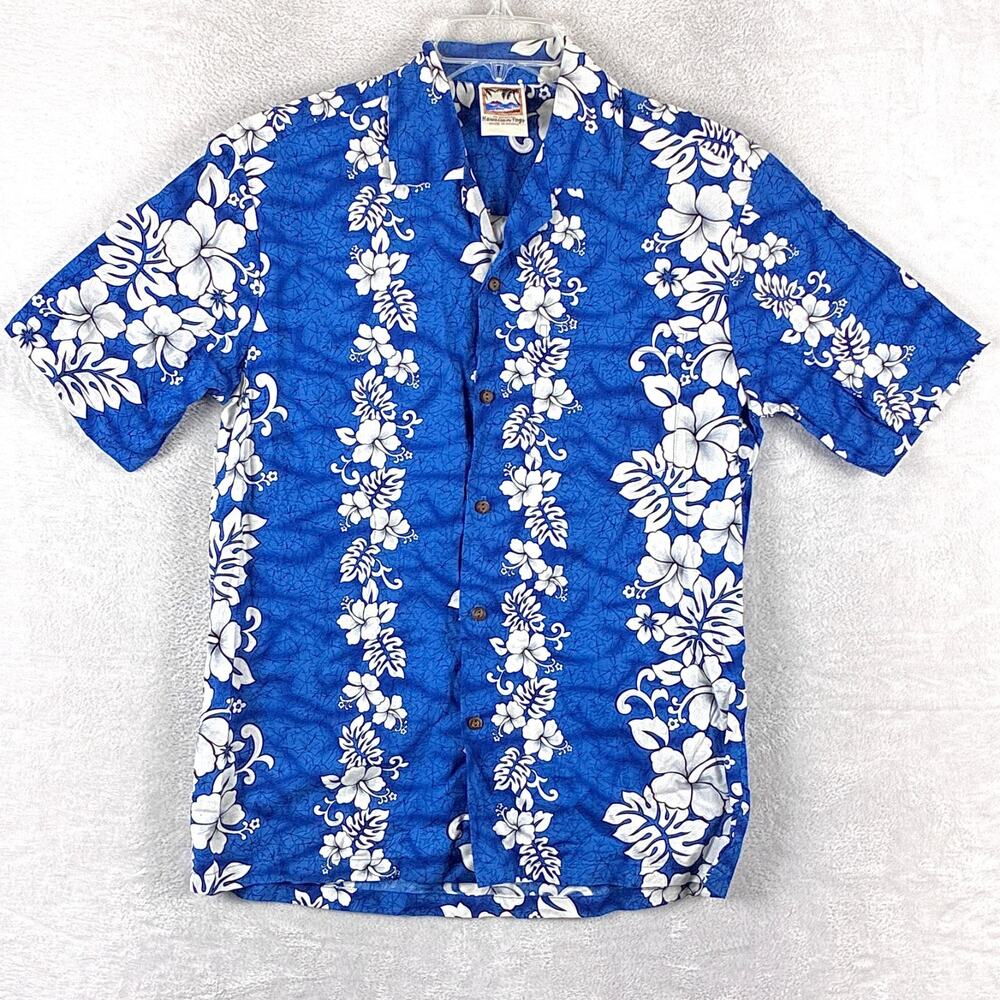 VTG Hawaiian Togs Shirt Mens M Blue White Floral Preppy Beach Tiki Aloha USA